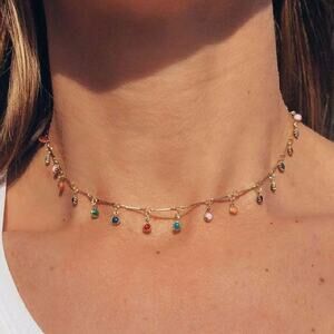 Boho Choker Necklace Water Droplets Colorful Suns Layering Gold Tone